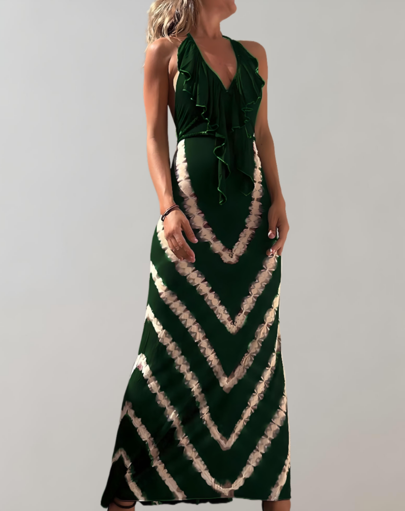 Belinda - Mouwloze en rugloze halter maxi-jurk met V-patroon