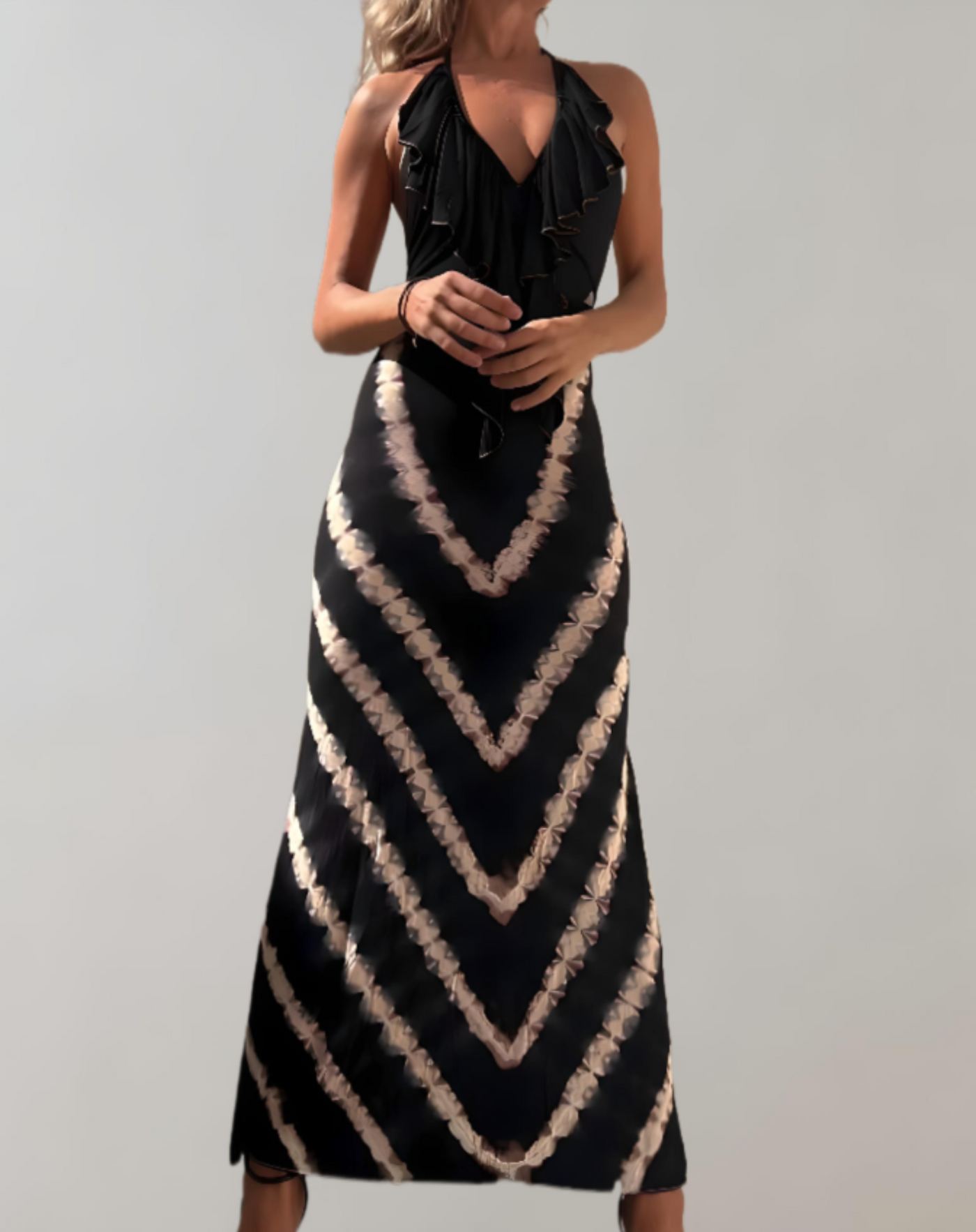 Belinda - Mouwloze en rugloze halter maxi-jurk met V-patroon