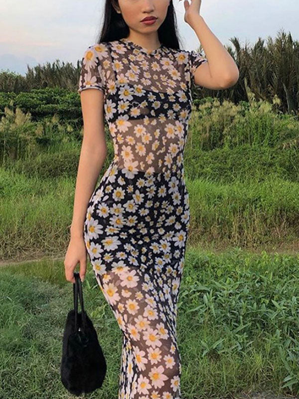 Vintage Mesh Slim Maxi Dress with Daisy Print