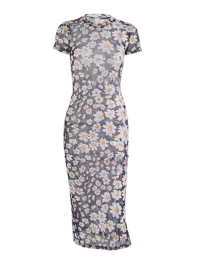 Vintage Mesh Slim Maxi Dress with Daisy Print