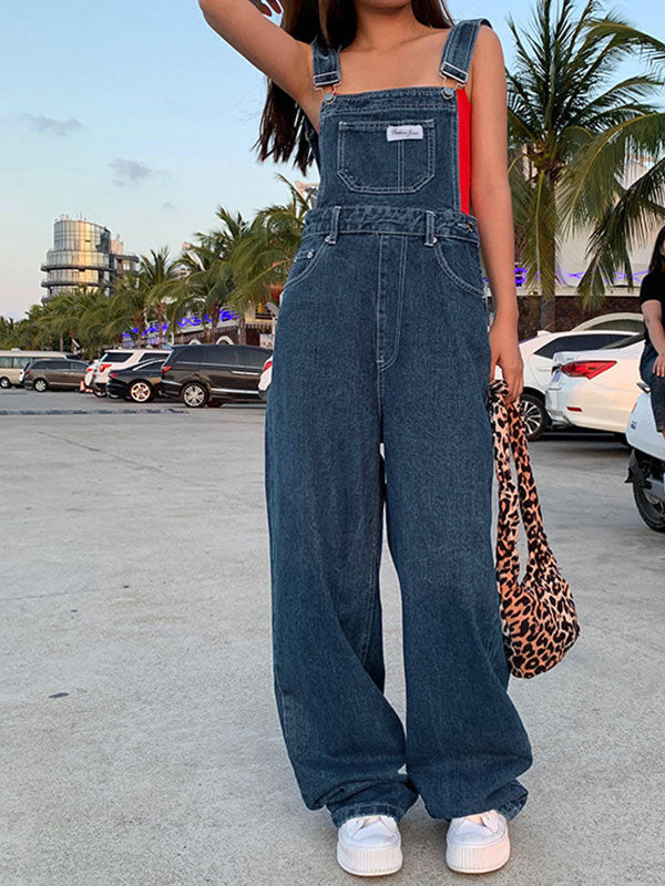 Blue Vintage Washed Effect Boyfriend Denim Overalls