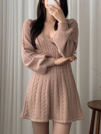 Solid Color Sweet V Neck Cable Knit Long Sleeve Mini Dress