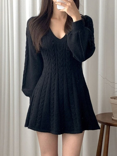 Solid Color Sweet V Neck Cable Knit Long Sleeve Mini Dress