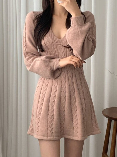 Solid Color Sweet V Neck Cable Knit Long Sleeve Mini Dress