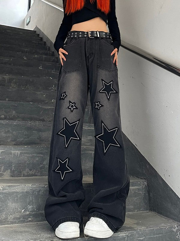 Dark Y2K Star Patch Baggy Boyfriend Jeans