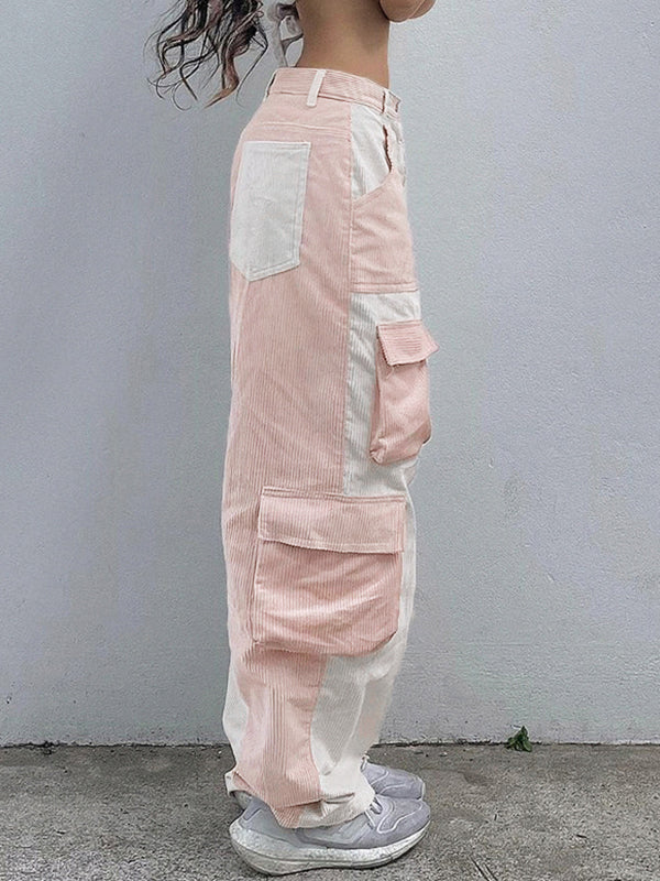 Pink Retro Patchwork Corduroy Cargo Pants