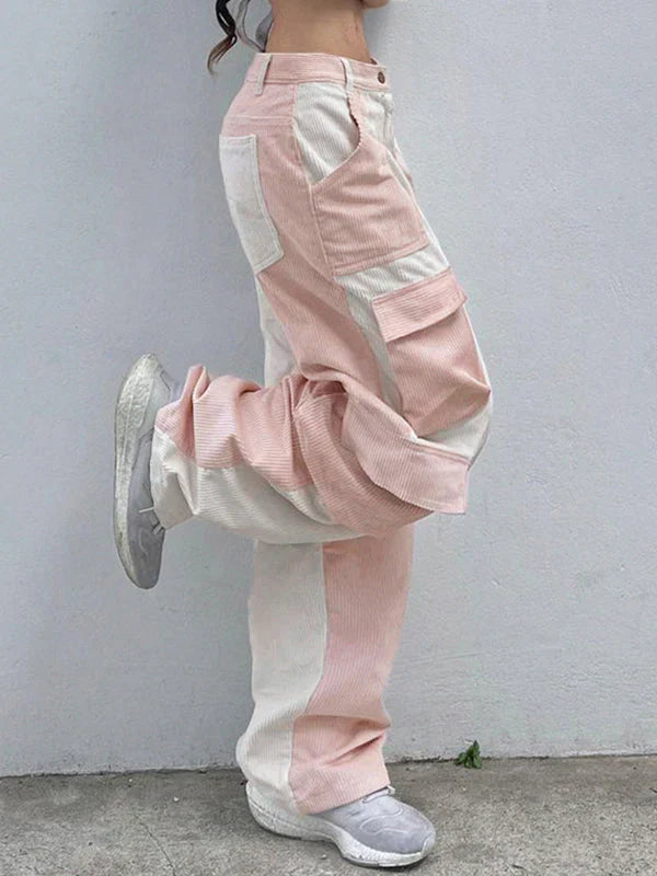 Pink Retro Patchwork Corduroy Cargo Pants