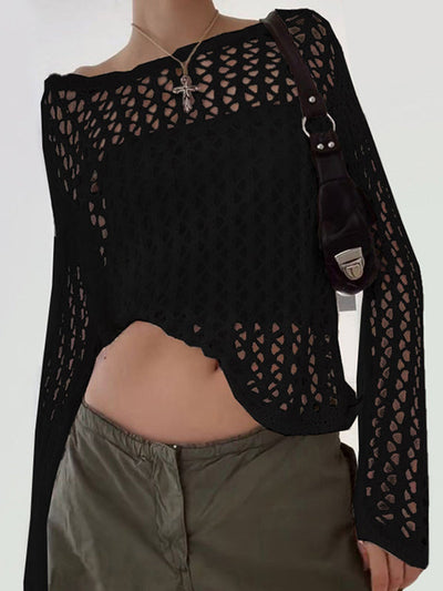 Black Hollow Out Crochet Long Sleeve Knit Top