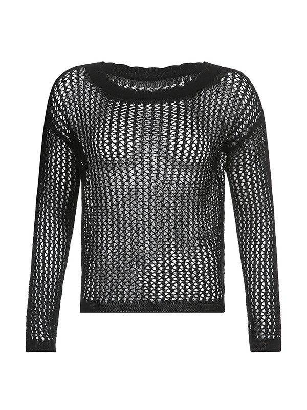 Black Hollow Out Crochet Long Sleeve Knit Top