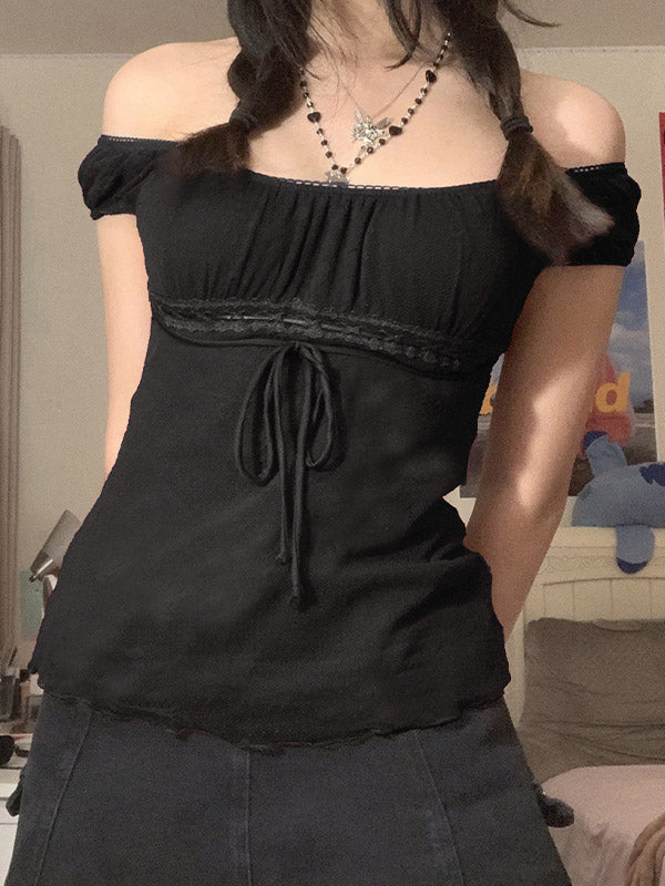 Black Vintage Tie Front Lace Trim Blouse with U Neck