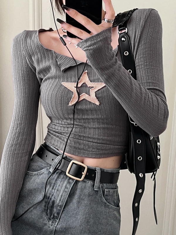 Grey Y2K Star Patch Long Sleeve Knit Crop Top