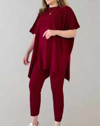 Anjie - 2-delige set van een oversized gebreide top met korte mouwen en een rekbare legging