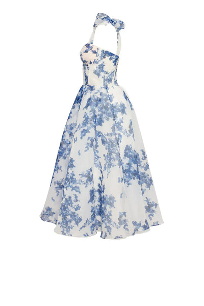 Alora - Blauwe Organza Midi Jurk Met Hortensiamotief