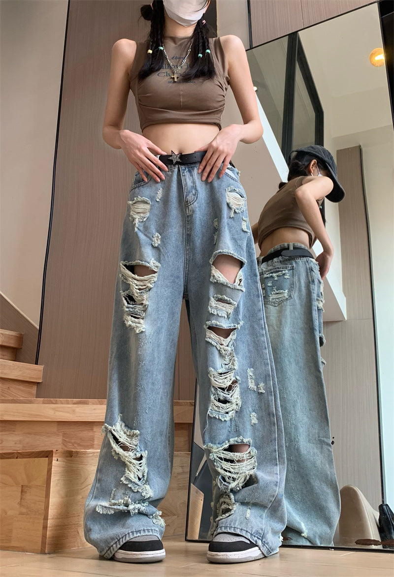 Blue Punk Frayed Detail High Waist Ripped Jeans