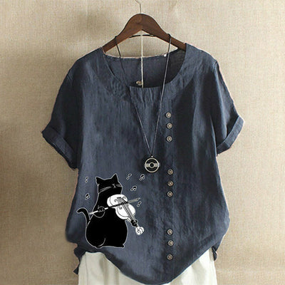 【Katoen En Linnen】Leuke Blouse Met Kattenprint