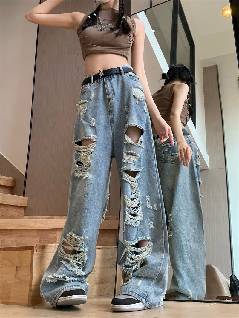 Blue Punk Frayed Detail High Waist Ripped Jeans