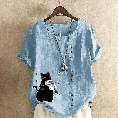 【Katoen En Linnen】Leuke Blouse Met Kattenprint