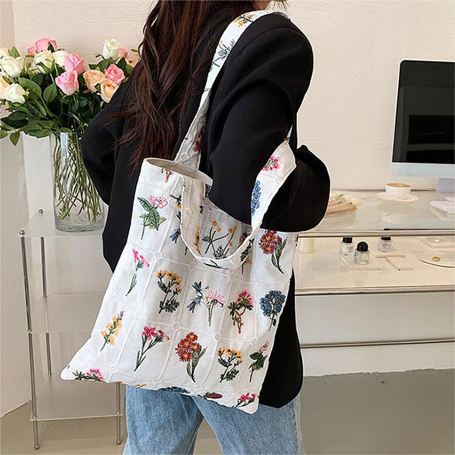 Canvas Tas Met Geborduurde Bloemen