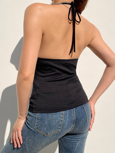 Black Buckle Strap Halter Crop Cami Top