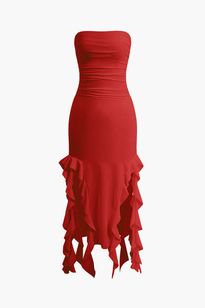 Solid Color French Ruffle Hem Ruched Tube Maxi Dress