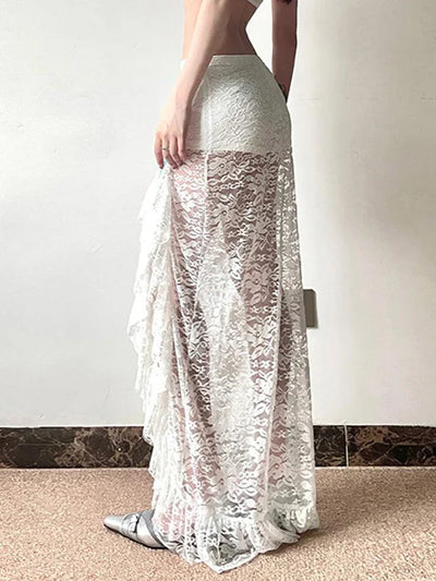 White Vintage See-Through Lace Midi Skirt