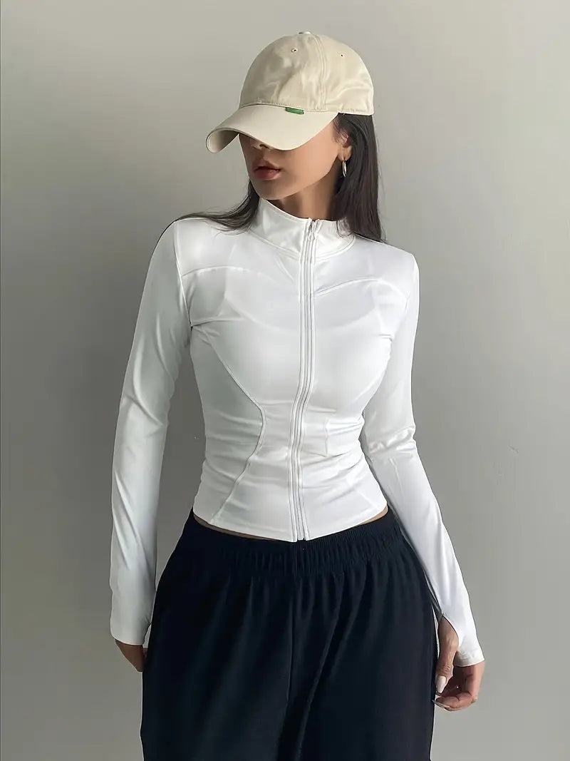 White Retro Zipper Stand Collar Long Sleeve Top