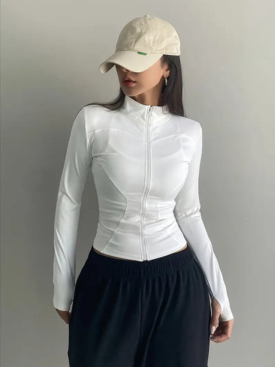 White Retro Zipper Stand Collar Long Sleeve Top