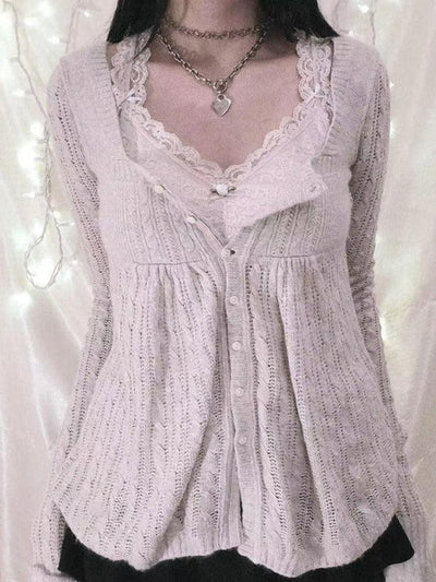 Beige Vintage Pointelle Square Neck Knit Cardigan