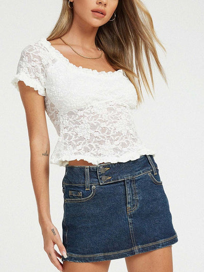 White French Lace U Neck Short Sleeve Tee