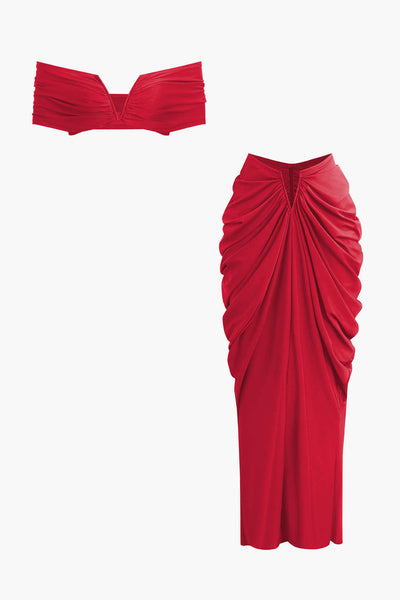 Two Piece Ruched Top & V Shape Cut Waist Maxi Skirt Set