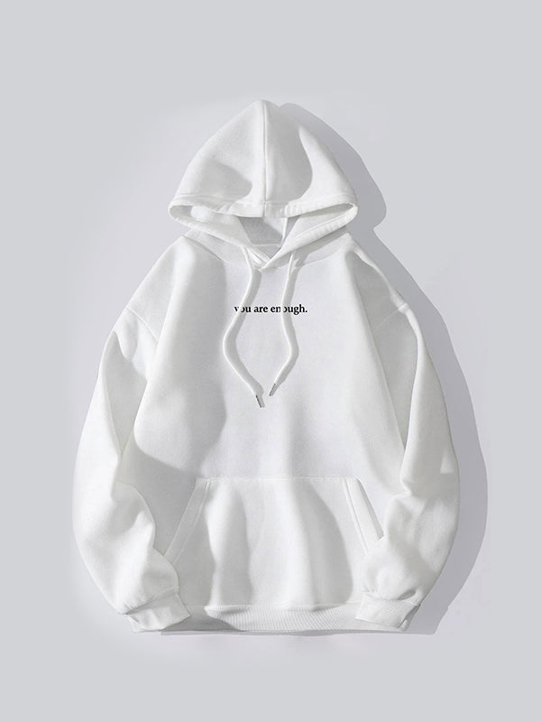 White Oversized Kangaroo Pocket Drawstring Hoodie with Letter Print