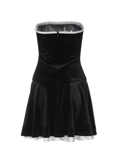 Black Vintage Velvet Splice Pleated Bandeau Mini Dress