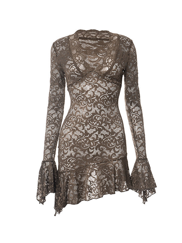 Vintage Lace V Neck Mini Dress with Trumpet Sleeve