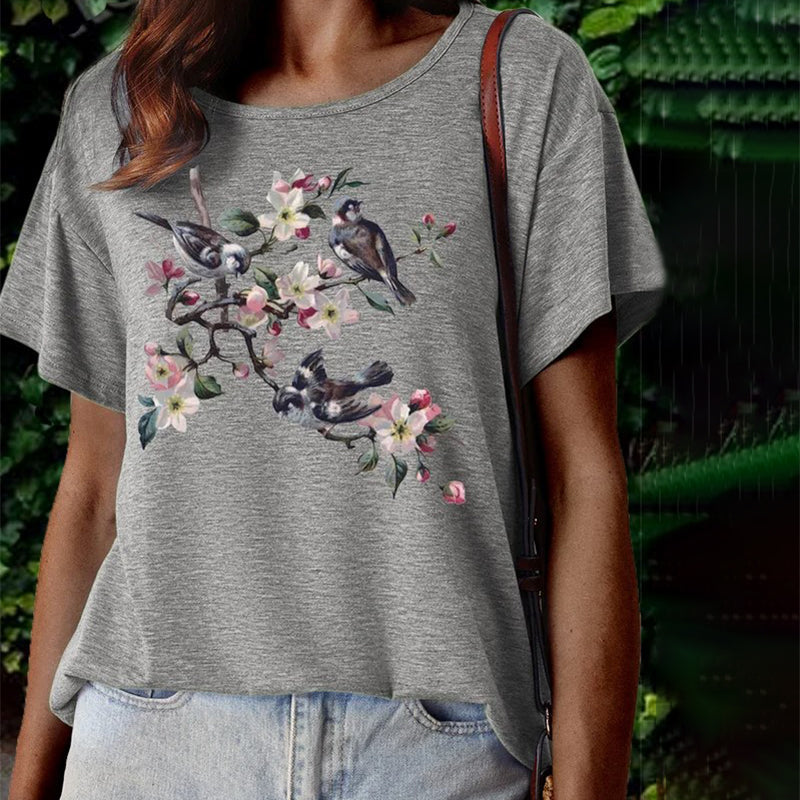 【100% Katoen】T-Shirt Met Bloemen- En Dierenpatroon