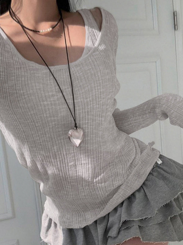 Grey Vintage Rib Cold Shoulder Two Piece Long Sleeve Knit