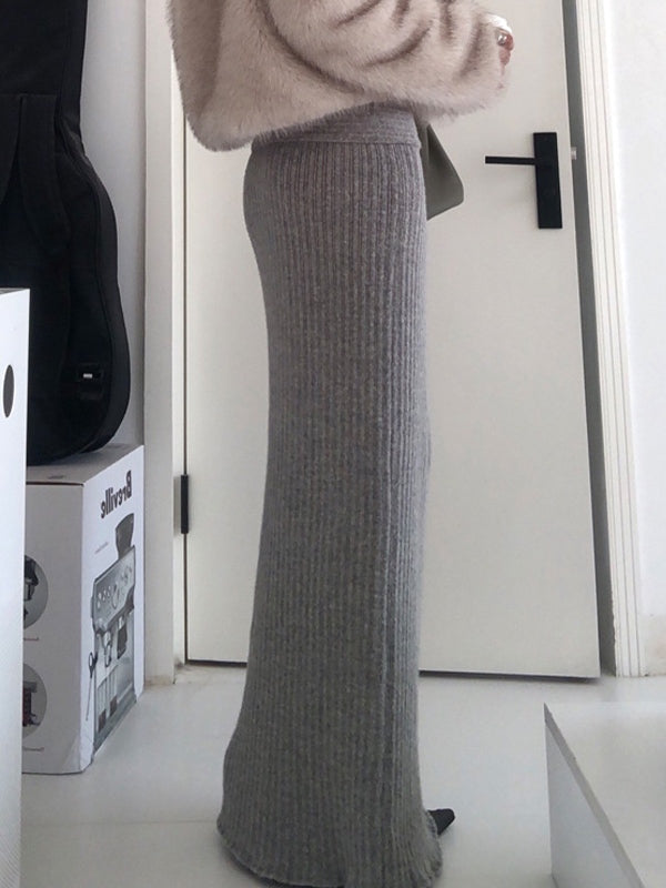 Grey Vintage Turned Waist Low Rise Maxi Skirt