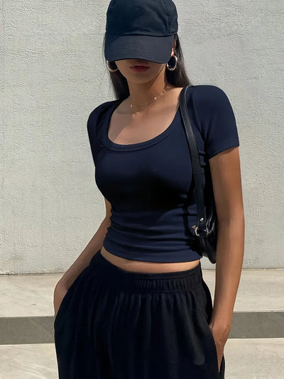 Navy Blue Y2K Square Neck Crop Top