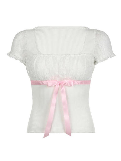 White Y2K Bow Lace Patchwork Bubble Sleeve Top