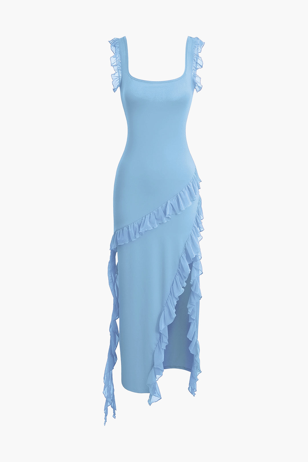 Solid Color Ruffle Trim Slit Sleeveless Maxi Dress