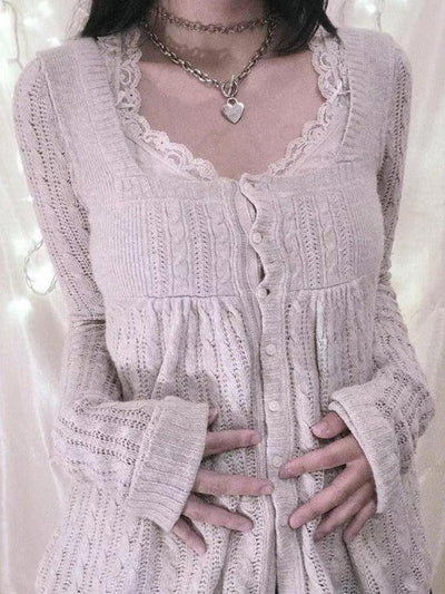 Beige Vintage Pointelle Square Neck Knit Cardigan