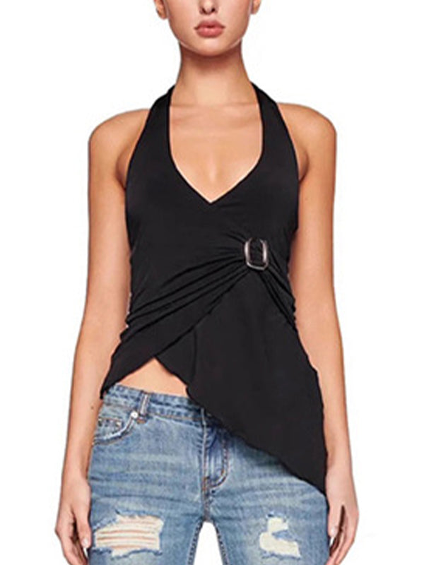 Black Vintage V-Neck Asymmetric Backless Halter Vest