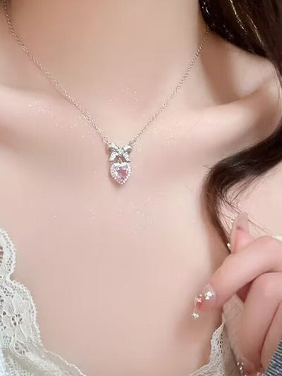 Pink Y2K Glittering Bow Heart Pendant Necklace