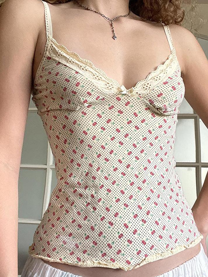 Bow Embellished Lace Tank Top with Cherry Print