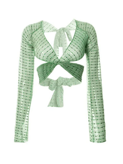 Green Bandage Design Sequin Long Sleeve Shrug