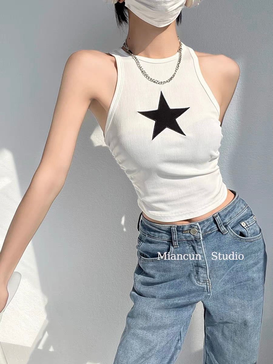 Contrast Color Y2K Star Patch Cropped Tank Top