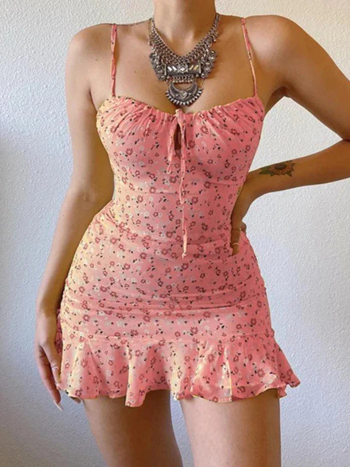 French Floral Suspender Chest Mini Dress with Cutout