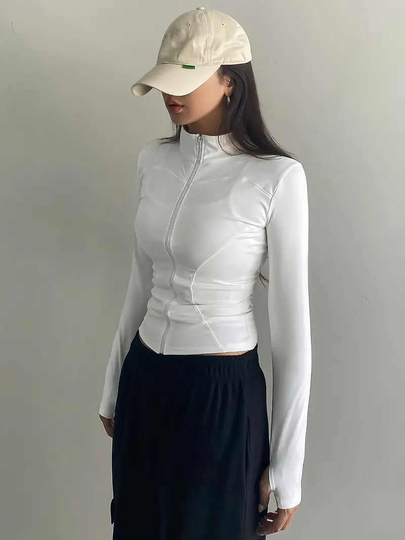 White Retro Zipper Stand Collar Long Sleeve Top