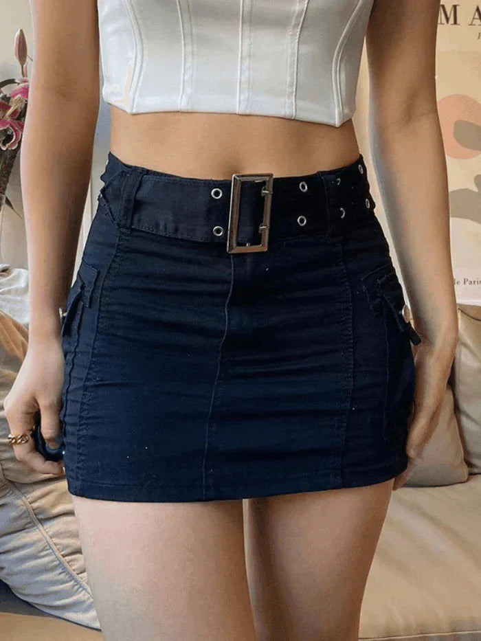 Black Vintage Buckle Belt Denim Cargo Mini Skirt