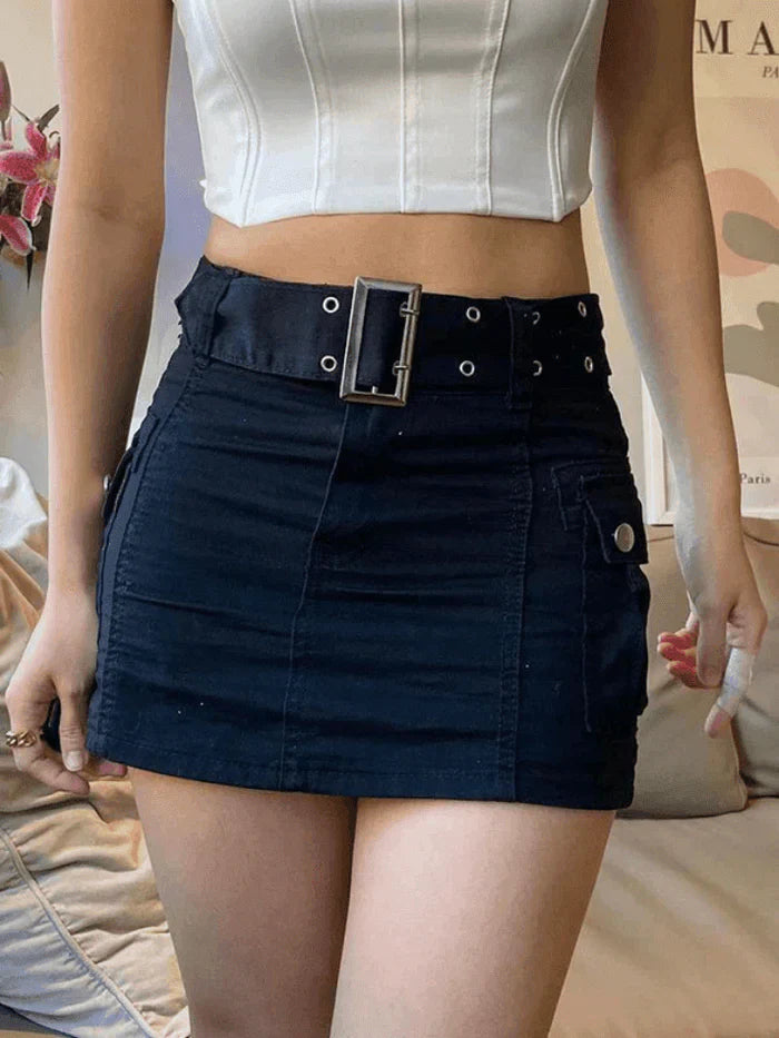 Black Vintage Buckle Belt Denim Cargo Mini Skirt