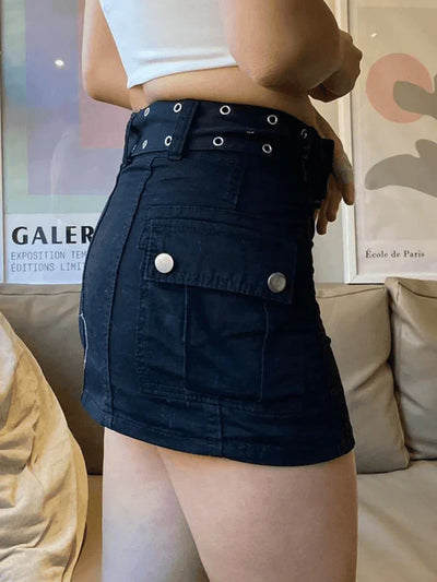 Black Vintage Buckle Belt Denim Cargo Mini Skirt